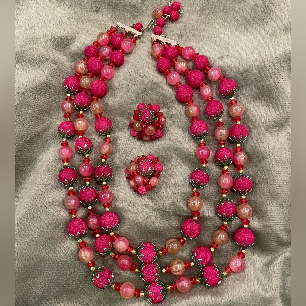 MCM Vintage Beaded 3 Strand Necklace with Matching clip Earrings